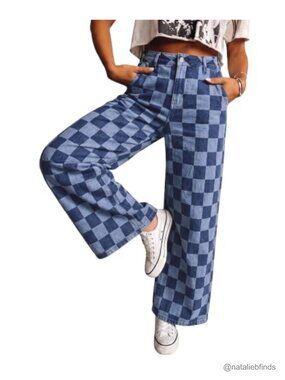 High Rise Cinch Waist Wide Leg Checkered Jeans